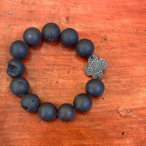 Black Druzy stone stretch Bracelet with Silver Flower Charm